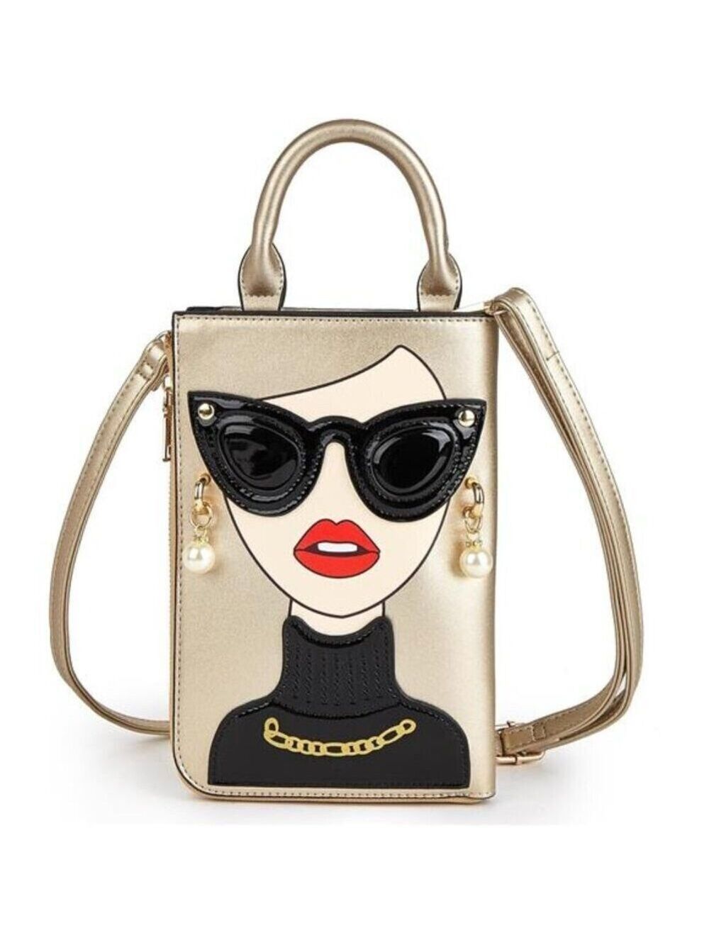 Women Golden Lady Face Shoulder Bags Funky Vegan Leather Top Handle Satchel